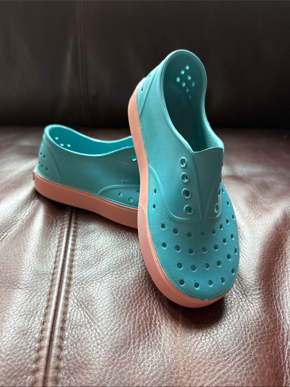 Native Kids Aqua Teal Slip-On Water Shoes with Pink Sole